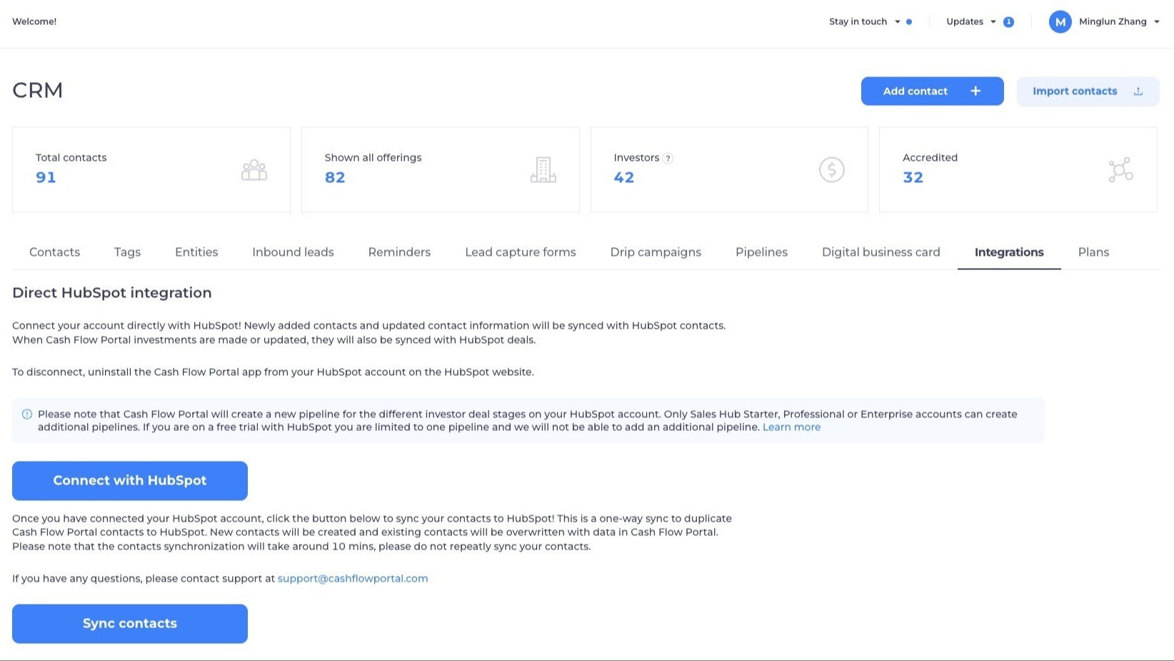 Connect HubSpot to Cash Flow Portal